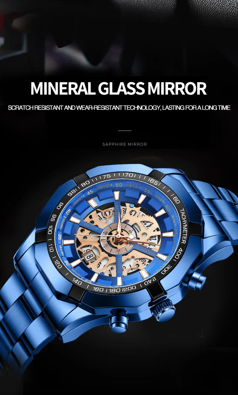 2025 Mens Quartz Watches Top Brand Luxury Stainless Steel Waterproof Hollow Out Blue Big Male Wristwatches Relogio Masculino - Uknowucme