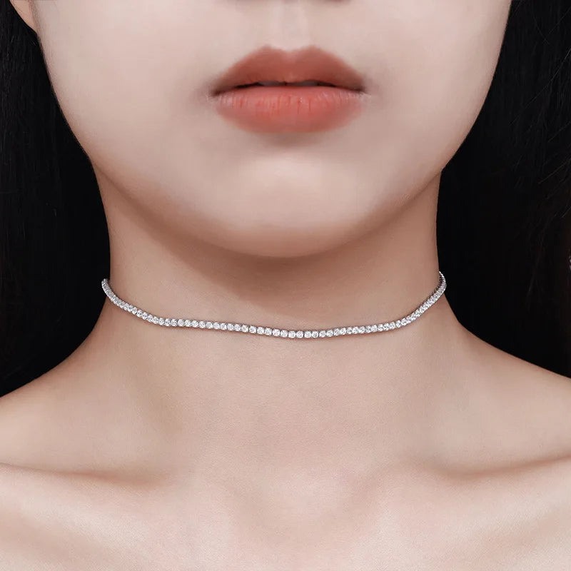 2mm Moissanite Tennis Necklace For Women S925 Silver Plated 18K Gold Sparking Rhinestone Choker Chain Wedding Jewelry Adjustable - Uknowucme