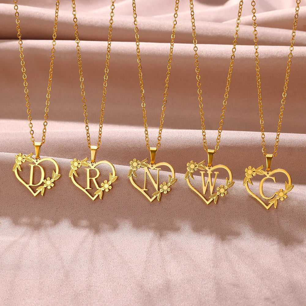 Gold Color Dainty Flower Initials Necklace Women Girl Stainless Steel Heart Letter Choker Necklace Best Gifts Alphabet Jewelry - Uknowucme