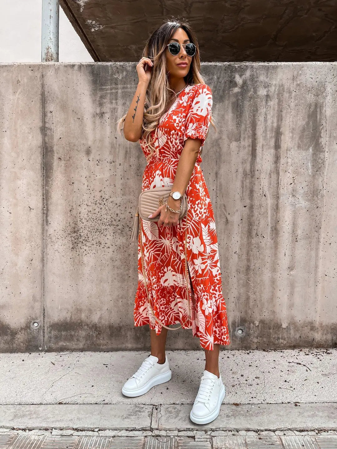 Summer Floral Print Dress Women V Neck Side Slit Long Dress Elegant Short Sleeve Button Slim Spring Female Party Dress Vestidos - Uknowucme