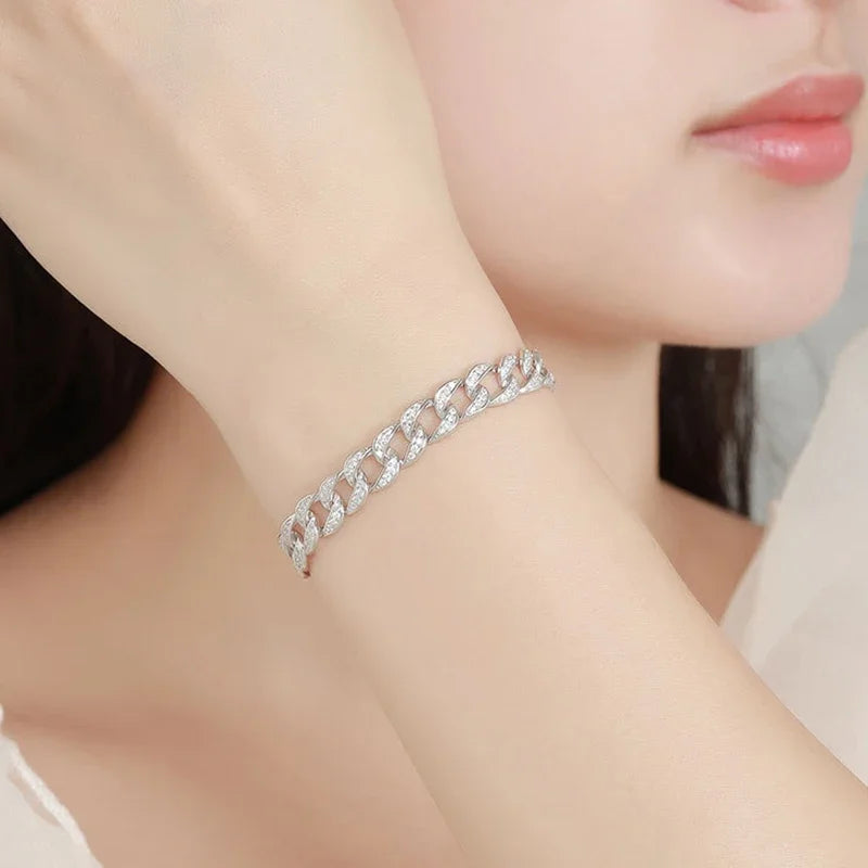 EWYA Full 1.2mm D Color Moissanite Cuban Chain Bracelet For Men Women S925 Silver Pass Diamond Test 8mm Wide Link Bracelets Gift - Uknowucme