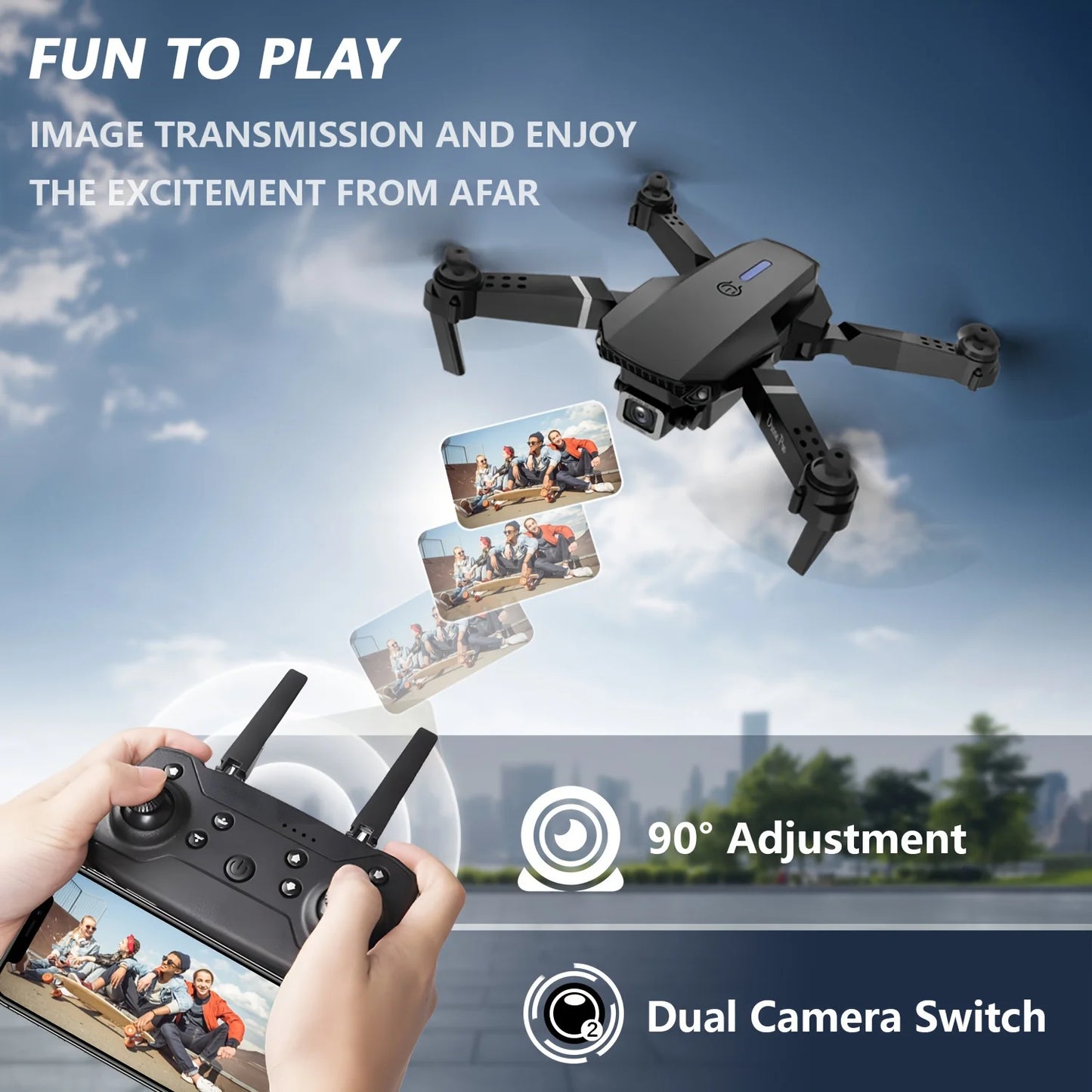 E88 Drone with Dual 4K HD Cameras,  Wi-Fi, USB Charging, 1181.1inch Max Altitude, 3m/s Speed, One-Click Return,  No GPS，4k drone