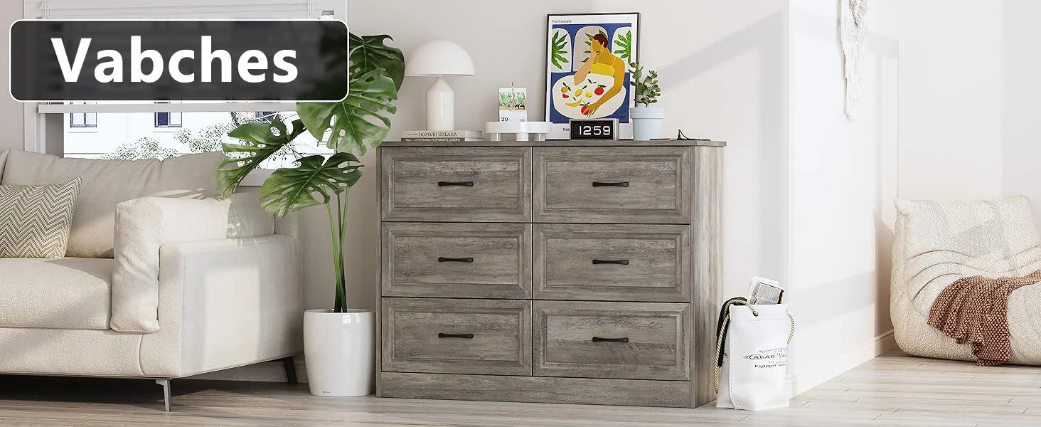 Vabches 6 Drawer Dresser for Bedroom Wood Chest of Drawers with Power Strip Tall Dresser Organizer with Metal Handle for Hallway - Uknowucme