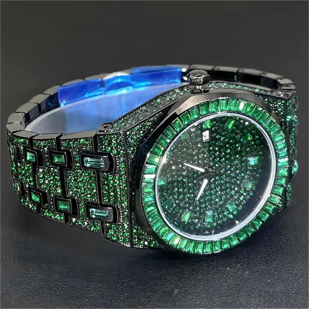 Luxury Men Watches Personalized Green Blingbling Full Diamond Quartz Watch Fashion Ice Out Male Wristwatch Best Sale For Gift