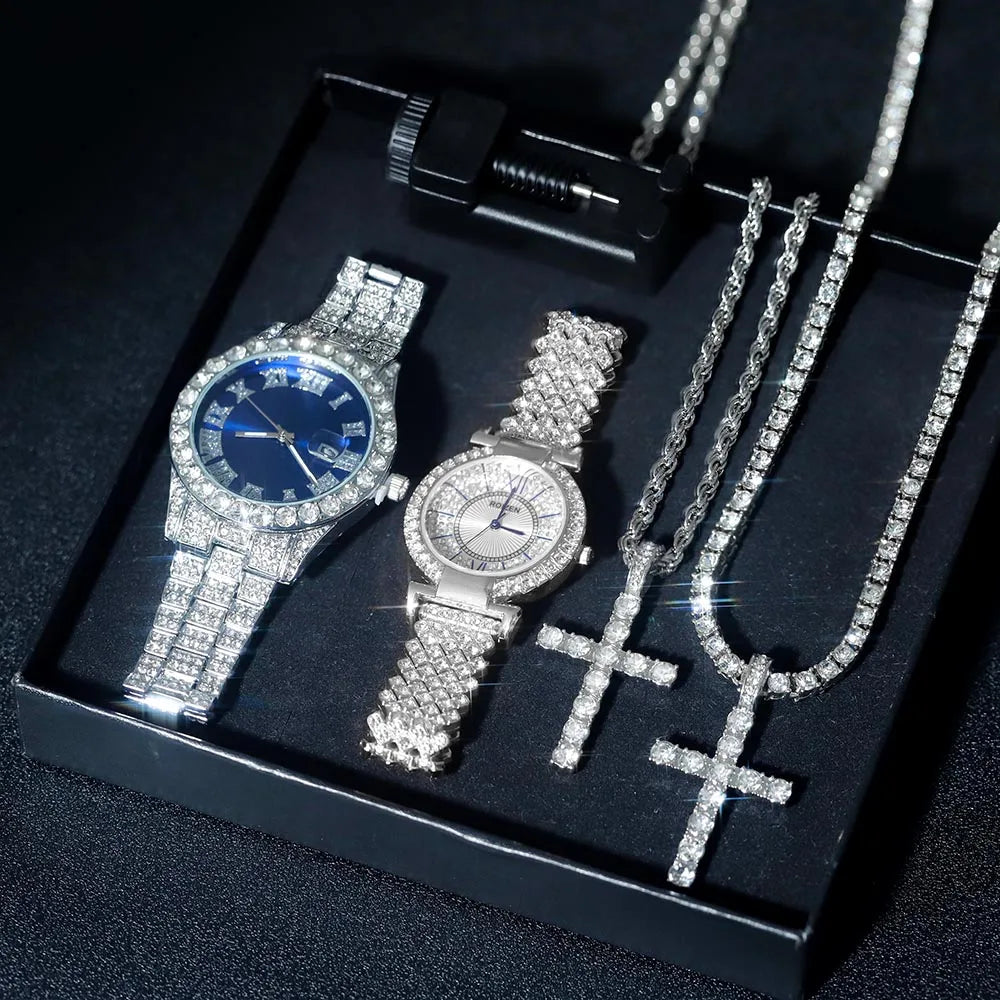 Stylish Hip-hop Couples Watch Jewelry Set Iced Out Punk Cross Pendant Necklace+Watch Men Women Luxury Party Gift Box Set