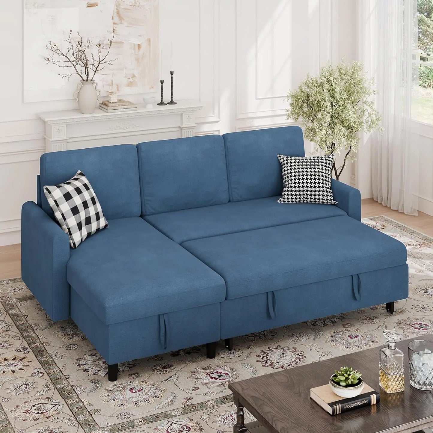 Walsunny L-Shaped Sectional Sleeper Sofa | Pull-Out Bed with Storage, Reversible Design