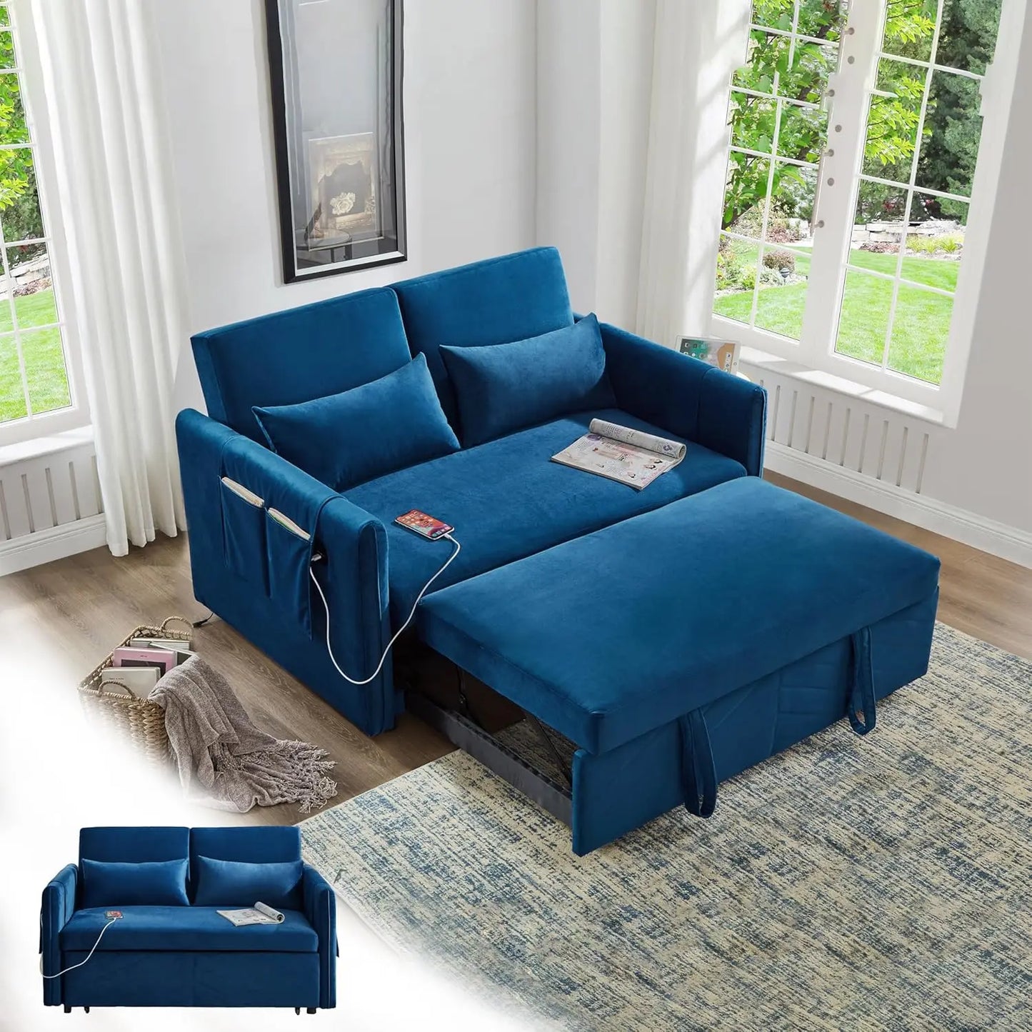 3 in 1 Pull Out Convertible Sofa Bed-Velvet Sleeper Sofa with 3Level Adjustable Backrest,Tufted Love Seat w/ 2Pockets ＆ 2Pillows - Uknowucme