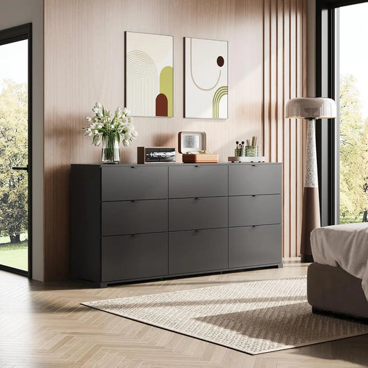9 Drawer Dressers, Modern Large Wood Dresser Chest for Bedroom Organize with Sturdy Metal Handle, Black (63" W)