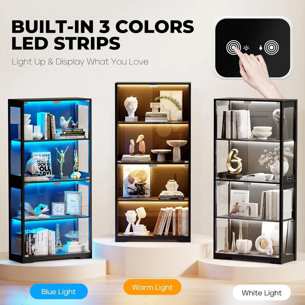 Display Cabinet with Glass Doors, 4-Tier Curio Cabinet&Bookcase with 3 Color Light for Collectibles,Toys, Books, Storage Cabinet - Uknowucme