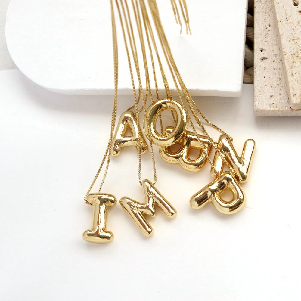 Gold Plated Copper Chunky Alphabet Balloon Bubble Initial Letter Pendant Necklace for Women Men Boy Fashion Jewelry - Uknowucme