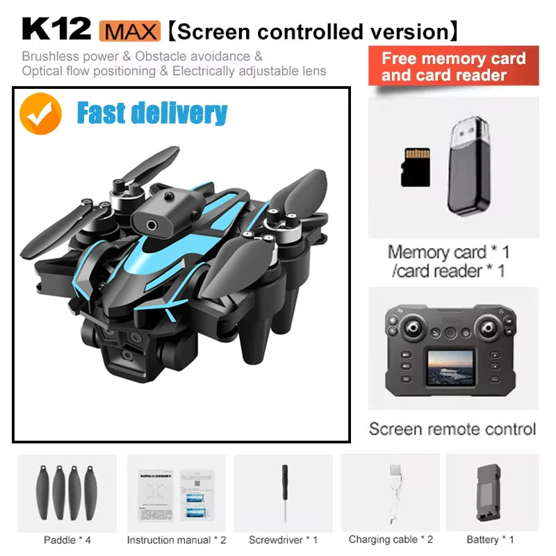 Drone New Upgrade with Screen Remote Control K12 MAX 8K HD Mini Dron Obstacle Avoidance Brushless Aerial UAV FPV Quadcopter Toys