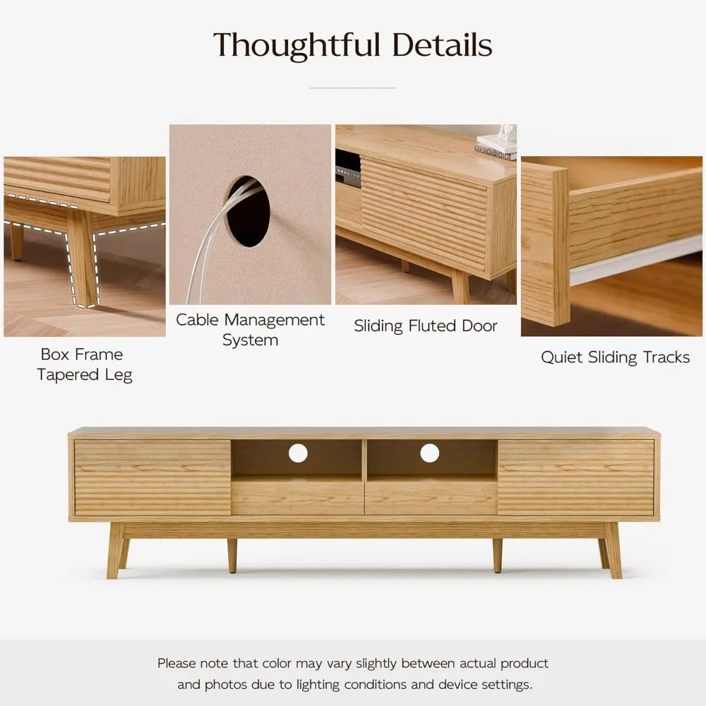 70" TV Console, Mid Century Modern Media Console for 55/65/75 Inch TV, Low Profile TV Stand with Fluted Sliding Doors, Boho Ligh