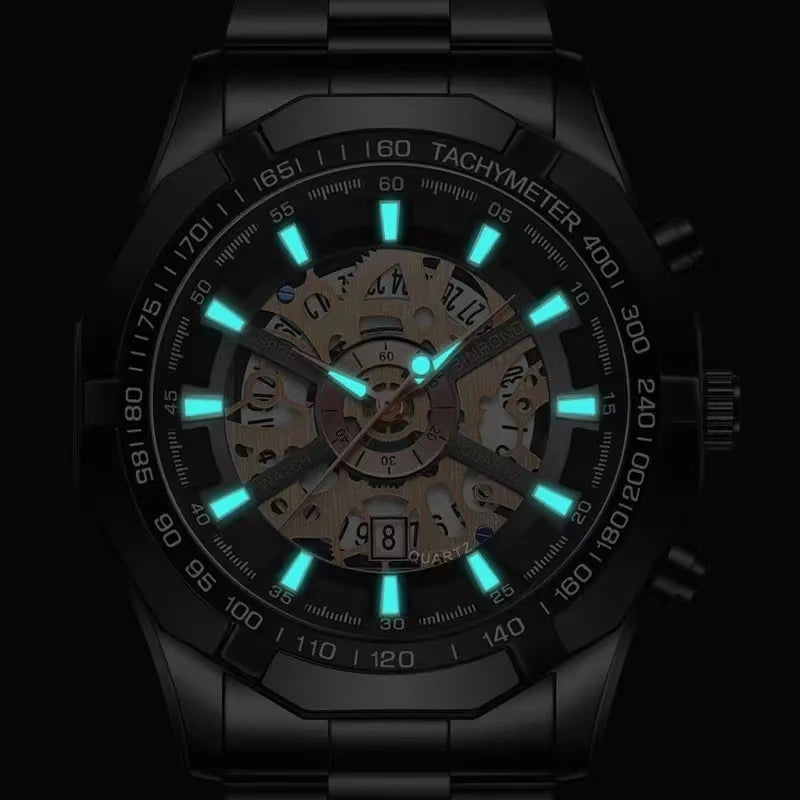 2025 Mens Quartz Watches Top Brand Luxury Stainless Steel Waterproof Hollow Out Blue Big Male Wristwatches Relogio Masculino - Uknowucme