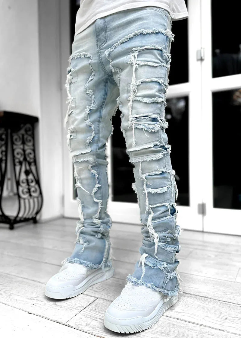 Spliced Distressed Denim Pants Men Jeans Ripped Mid Waist Pockets High Street Jean Skinny Washed Ankle Length Pencil Pants - Uknowucme
