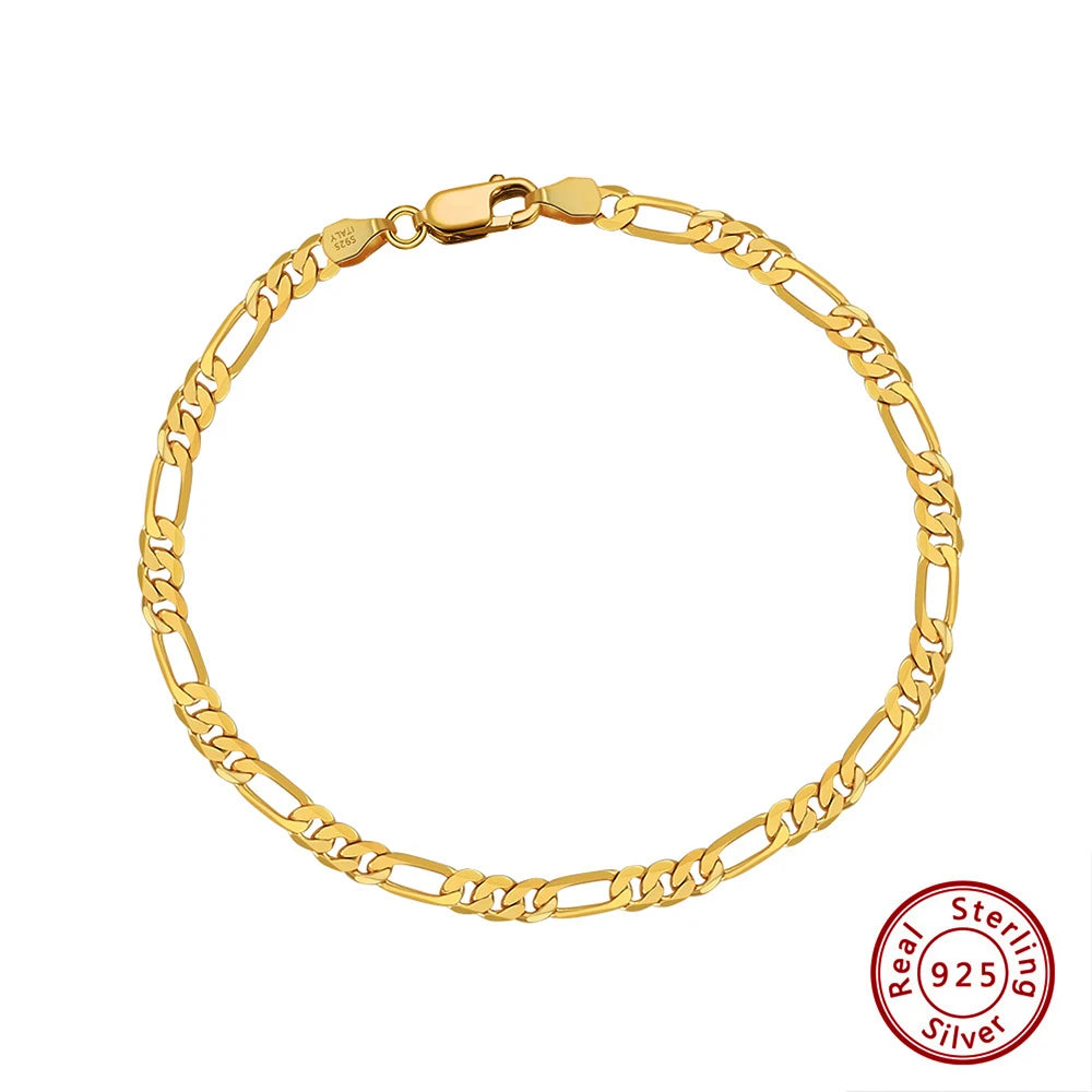 ORSA JEWELS Real 925 Sterling Silver Figaro Bracelets for Women 14K Gold Plated 3.3mm Figaro Link Chain Bracelets Jewelry SB66 - Uknowucme