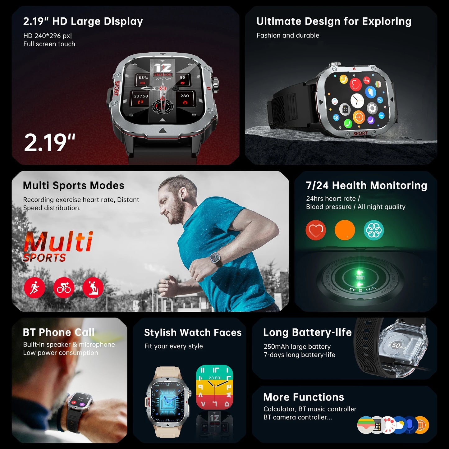 New Smart Watch Men Women  HD Screen  Route tracking BT Phone Call Sport and Health Monitor Full Touch Screen Smartwatch
