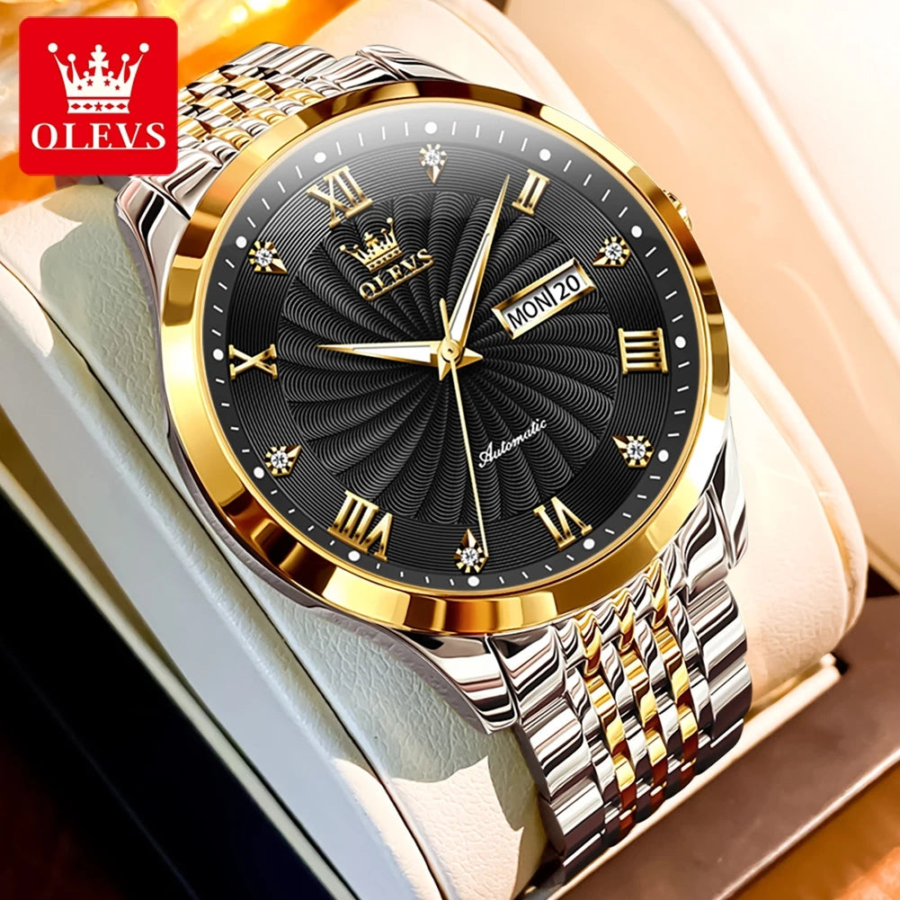 OLEVS Top Brand Automatic Mechanical Men Watch Threaded Dial Waterproof Stainless Steel Strap Classic Men's Watches Luxury