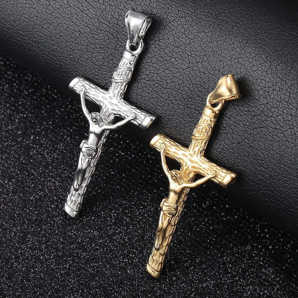 Stainless Steel Religious Crucifix Jesus Cross Necklace Pendant Gold Color Silver Color  for Men Women Box Chain jewelry KP687