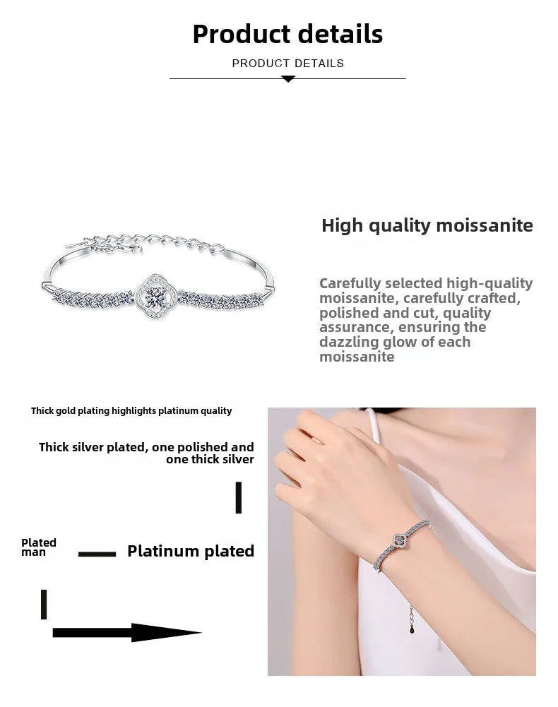 MoisaLuxe Official Store Moissanite Plata Sterling 925 Silver Hand-inlaid Moissanite Four-leaf Hollow Row Diamond Bracelets - Uknowucme