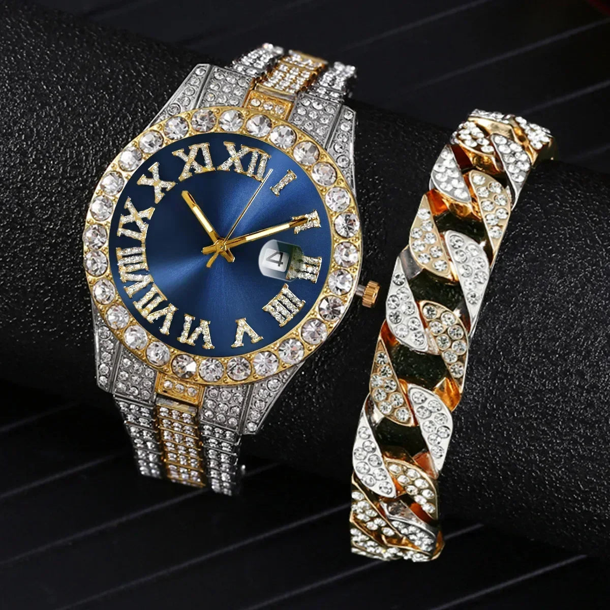 1/2Pc Watch Bracelet Set Hip Hop Stainless Steel Gold Color Calendar Watch Men Iced Out Paved Rhinestones Men Watch Reloj Hombre