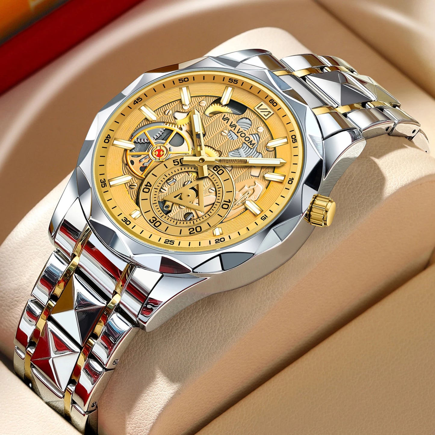 VA VA VOOM Stainless Steel Mens Quartz Watch With 41mm Hollowed Out Dial Quartz Movement Luminous Gold Luxurious Men Wristwatch - Uknowucme