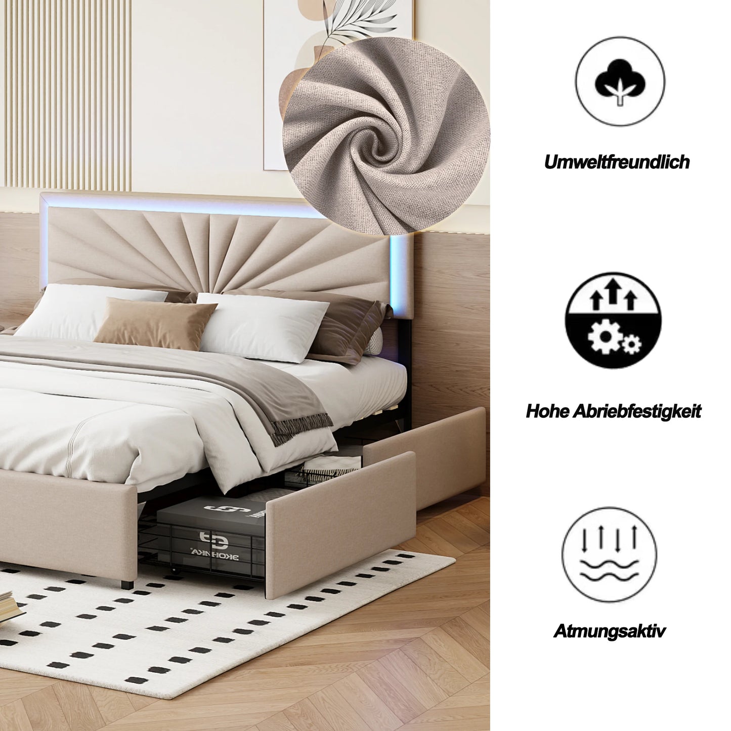 Double Bed, Upholstered Bed 160 x 200 cm, LED Bed Frame, Storage Bed with 4 Drawers and Slatted Frame, Headboard, Youth Bed - Uknowucme
