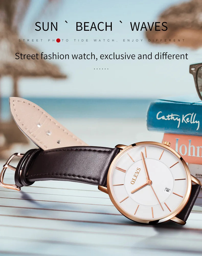 New In OLEVS Quartz Watch for Men Ultra Thin 6.5mm Minimalist Waterproof Date Bussiness Watch Fashion Leather Strap Men's Watch - Uknowucme