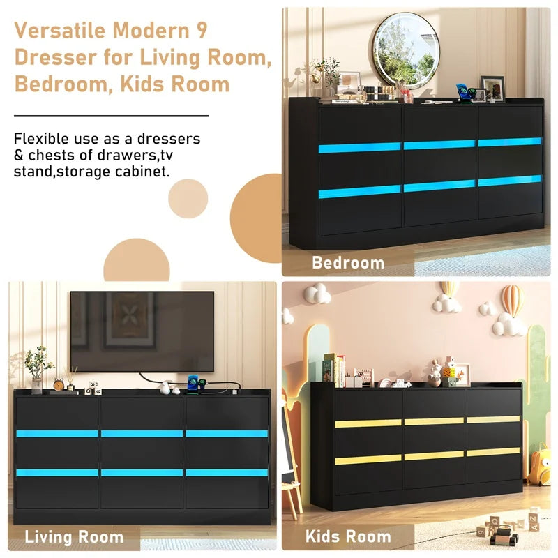 9 Drawer Dresser with Power Outlet & LED Light, Modern Chest of Drawers for Closet, 63" Drawer Organizer Cabinet for Bedroom - Uknowucme