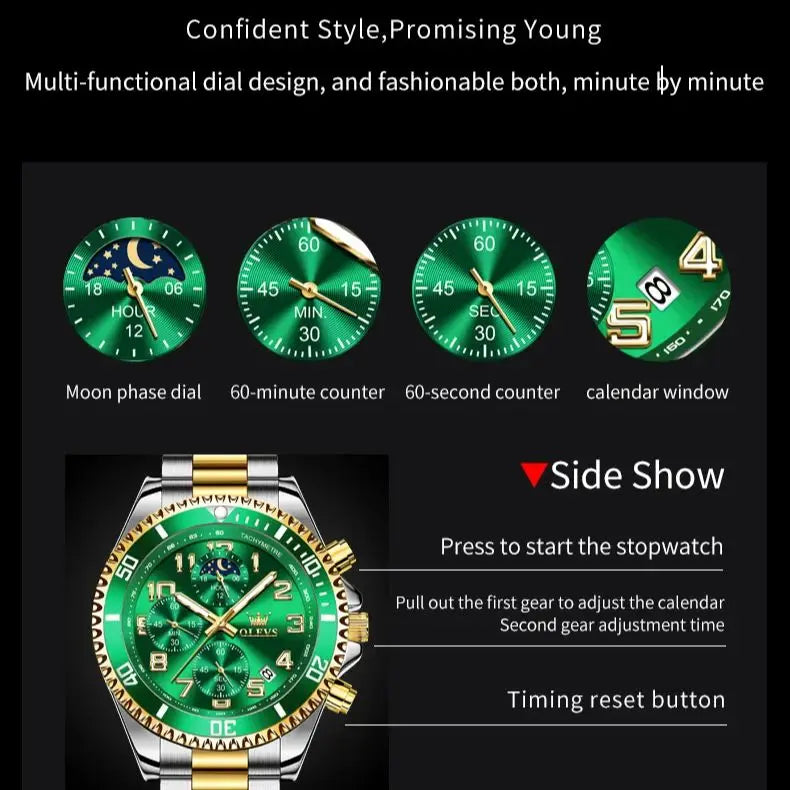 OLEVS Men's Watches Classic Multifunctional Chronograph Original Quartz Wristwatch Moon Phase 24 Hour Waterproof Watches Man NEW