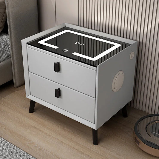 Luxurious Solid Wood Nightstand Three-Drawer Smart Bedside Table Compact Bedroom Leather Accents Integrated Wireless Charging