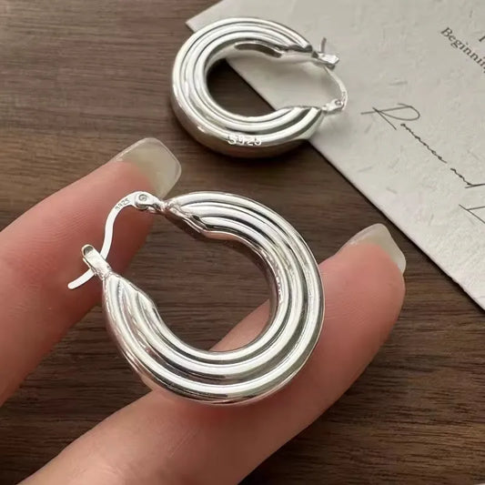 925 Sterling Silver Vintage Earrings For Women Trendy Simple Round Strip Earring Jewelry Prevent Allergy Party Accessories Gift - Uknowucme