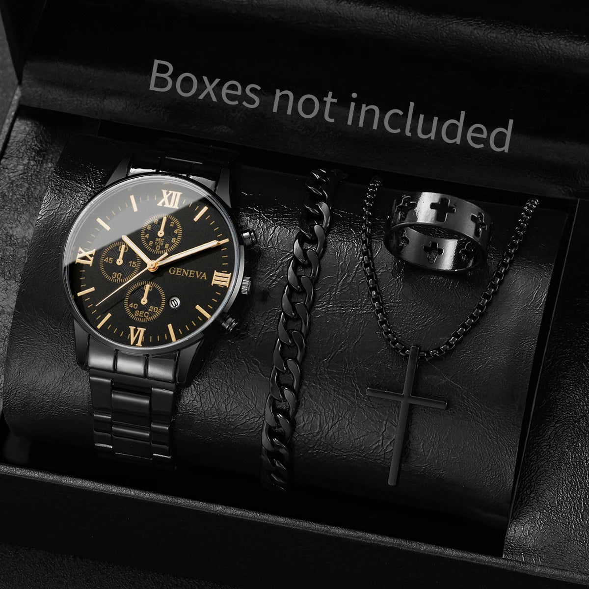 4PCS/Set Luxury Men's Calendar Watch Fashion Roma Dial Men Business Quartz Watches Jewelry Set Reloj Hombre（Without Box） - Uknowucme