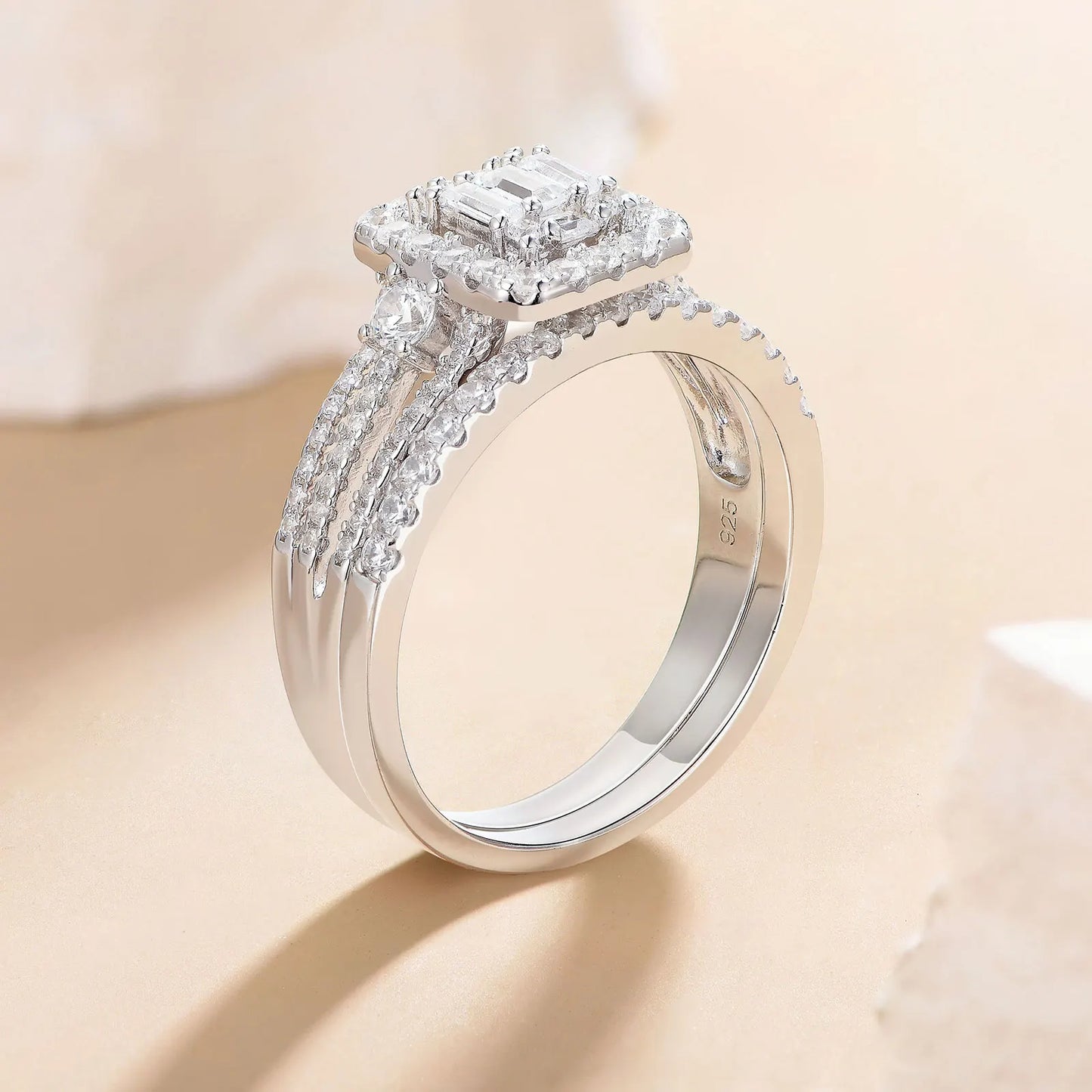 Newshe 925 Sterling Silver Original Wedding Rings for Women Emerald Cut Cubic Zirconia Bridal Set Engagement Band Fine Jewelry - Uknowucme