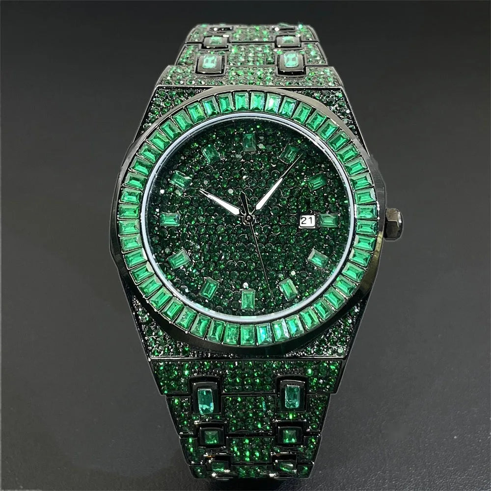 Luxury Men Watches Personalized Green Blingbling Full Diamond Quartz Watch Fashion Ice Out Male Wristwatch Best Sale For Gift