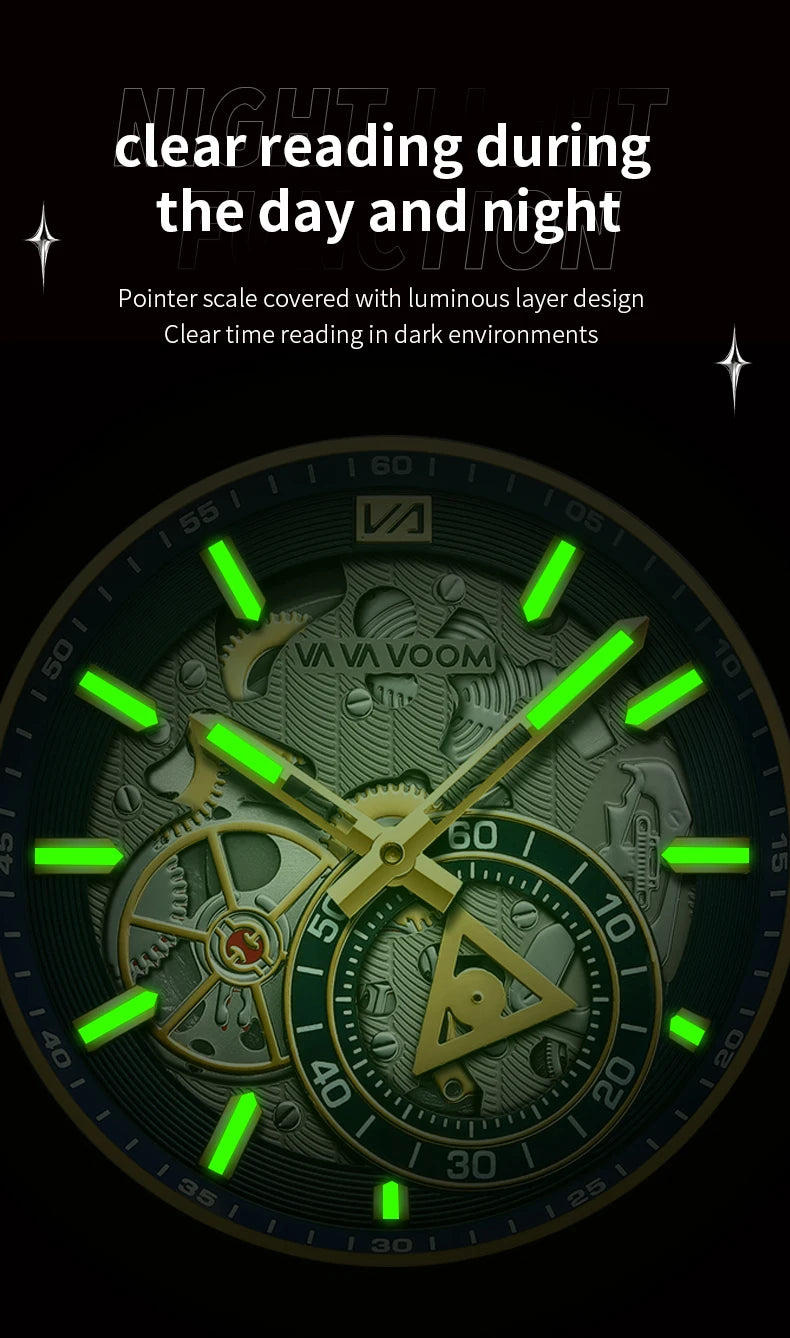 VA VA VOOM Stainless Steel Mens Quartz Watch With 41mm Hollowed Out Dial Quartz Movement Luminous Gold Luxurious Men Wristwatch - Uknowucme