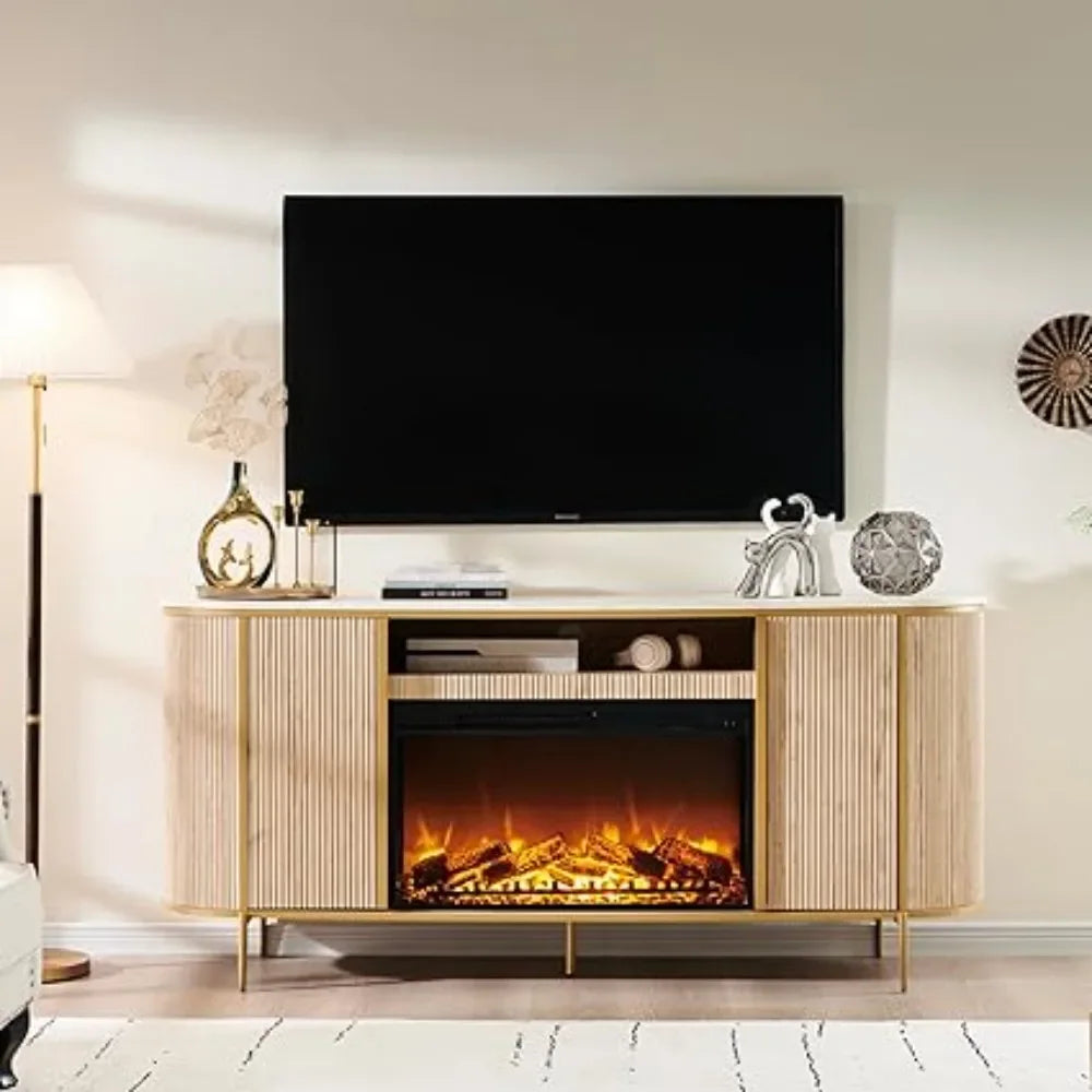 Luxury 70" Fluted Fireplace TV Stand, Modern Chic Entertainment Center for TVs Up to 80 inches, TV Console with Faux Marble Top - Uknowucme