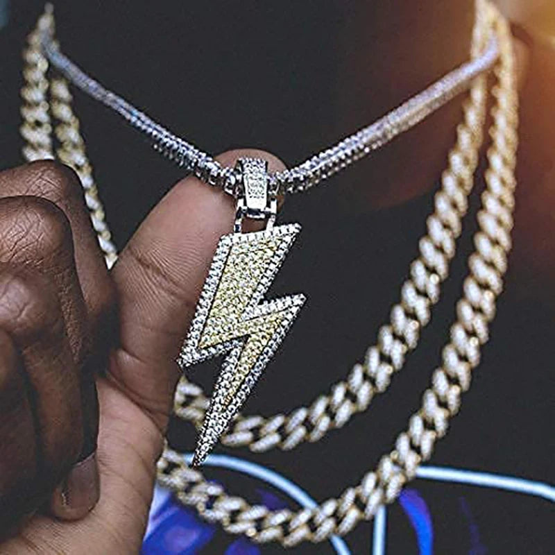 TOPGRILLZ Iced Out Bling Lightning Pendants With Tennis Chain Copper Material AAA Cubic Zircon Men's Hip Hop Jewelry Gift