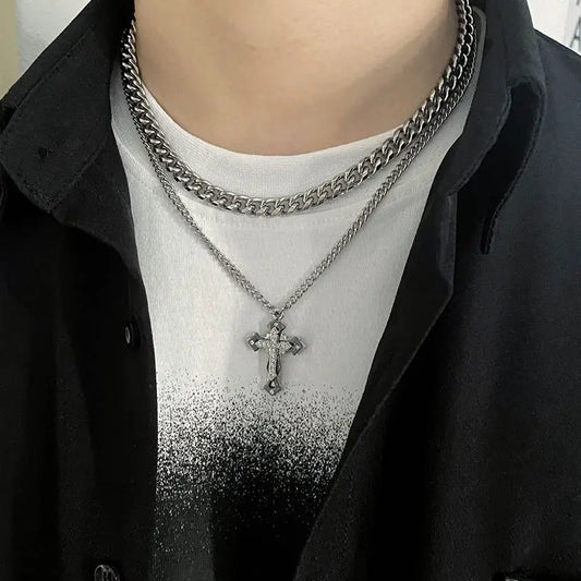 Stainless Steel Double Layer Cuban Chain Cross Pendant Necklace Men Silver Color Punk Hip hop Male Necklace Jewelry 2022 Trend