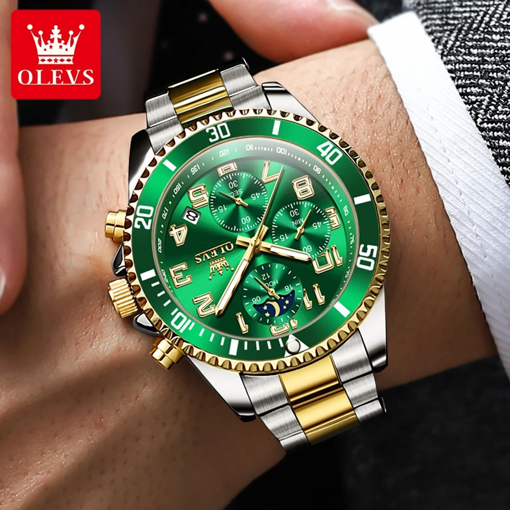 OLEVS Men's Watches Classic Multifunctional Chronograph Original Quartz Wristwatch Moon Phase 24 Hour Waterproof Watches Man NEW - Uknowucme
