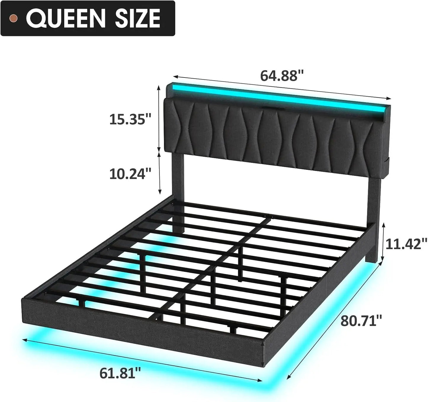 Vabches Floating Queen Bed Frame With Storage Headboard&LED Light Bed Frame with Charging Station Upholstered Platform Bed Frame - Uknowucme