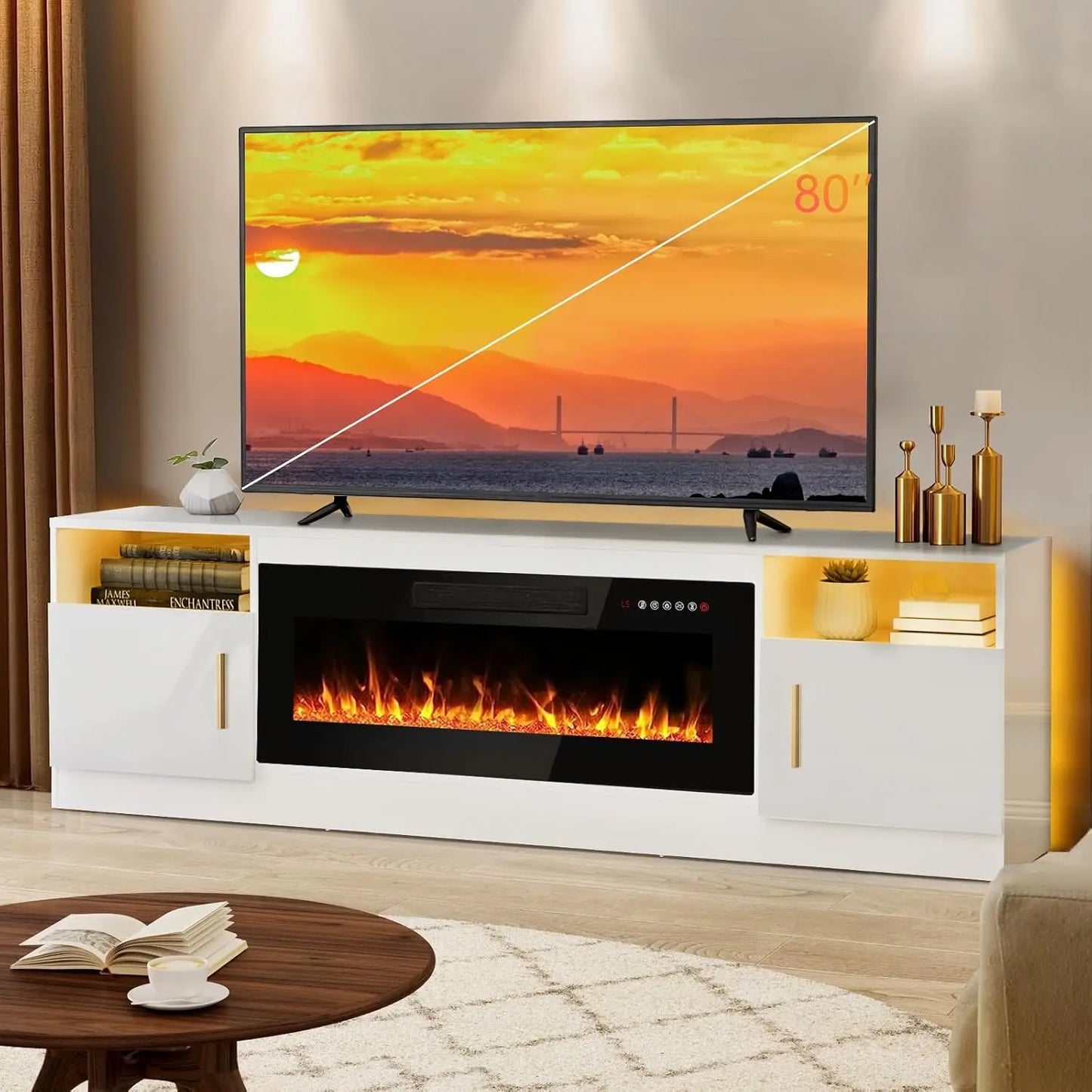 Fireplace tv Stand with 36 inch Fireplace Up to 80" TVs,LED Light Entertainment Center and Storage, 70" Modern Wood Media TV Con