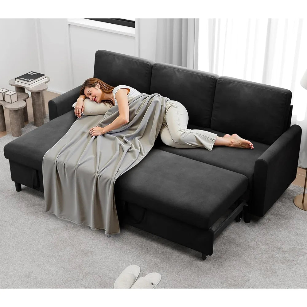 Walsunny L-Shaped Sectional Sleeper Sofa | Pull-Out Bed with Storage, Reversible Design