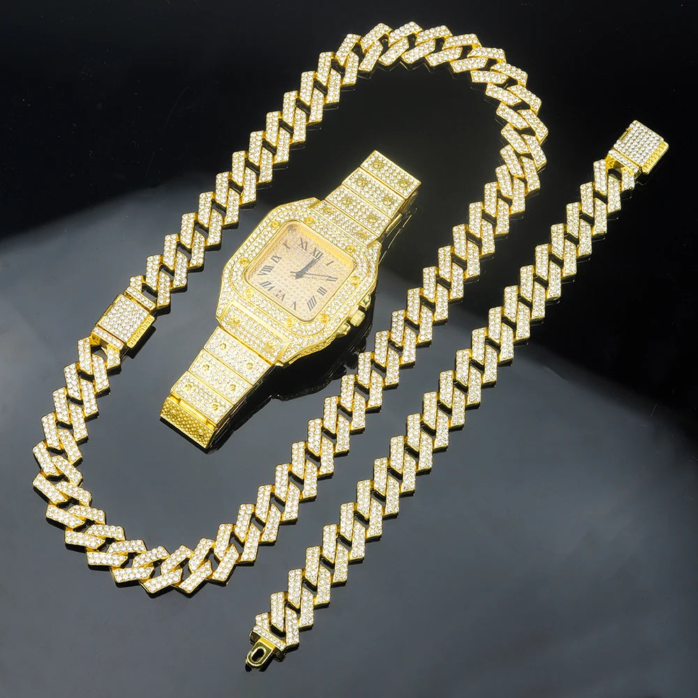3pcs Men's Watch Set Hip-hop Punk Inlay Diamond Square Watch+Cuban Chain+Bracelet Comes With Strap Adjuster Stylish Jewelry Gift - Uknowucme
