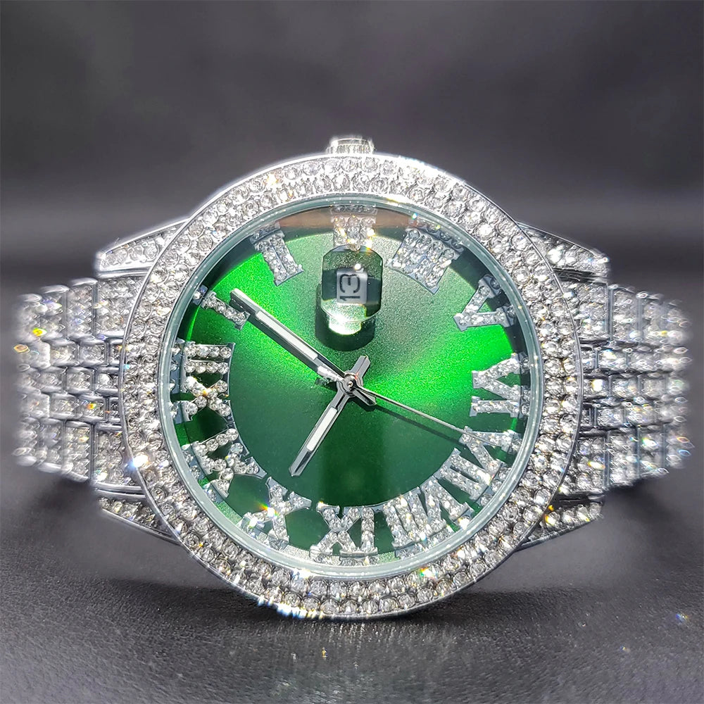 Pink Watches For Women Fashion Elegant Colored Red Green Roman Dial Iced Out Wristwatches Diamond Quartz Calendar Watch For Lady