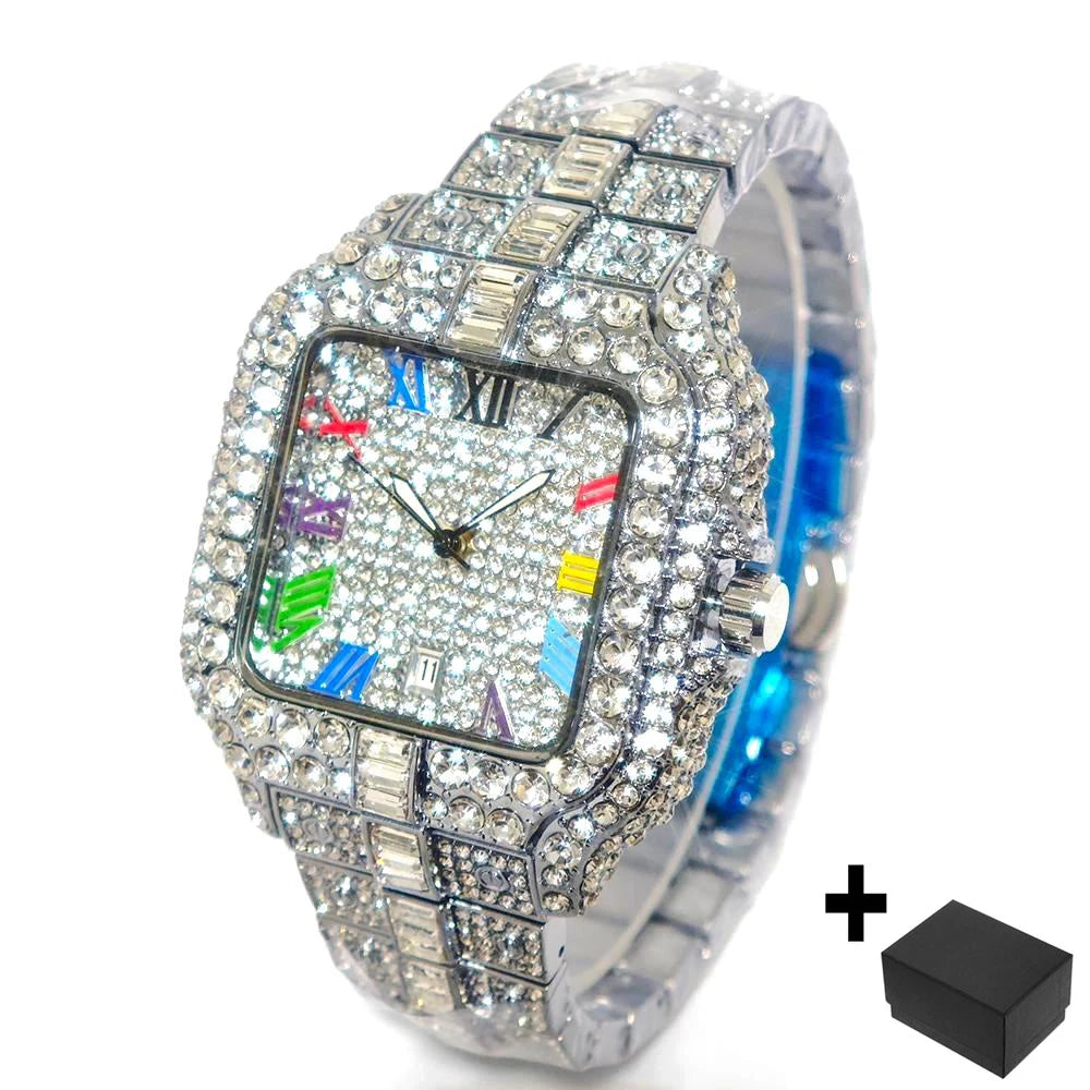UNIGUET Luxury Iced Quartz Watch for Men Fashion Color Roman Square Watches Man Hip Hop Diamond AAA Jewelry Wristwatch Reloj Hot - Uknowucme