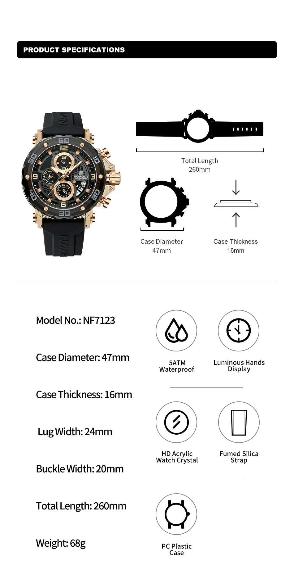 NAVIFORCE Men's Quartz Watch Fashion Trend 5ATM Waterproof Male Watches Chronograph Luminous Hands Silicone Strap Lightweight - Uknowucme
