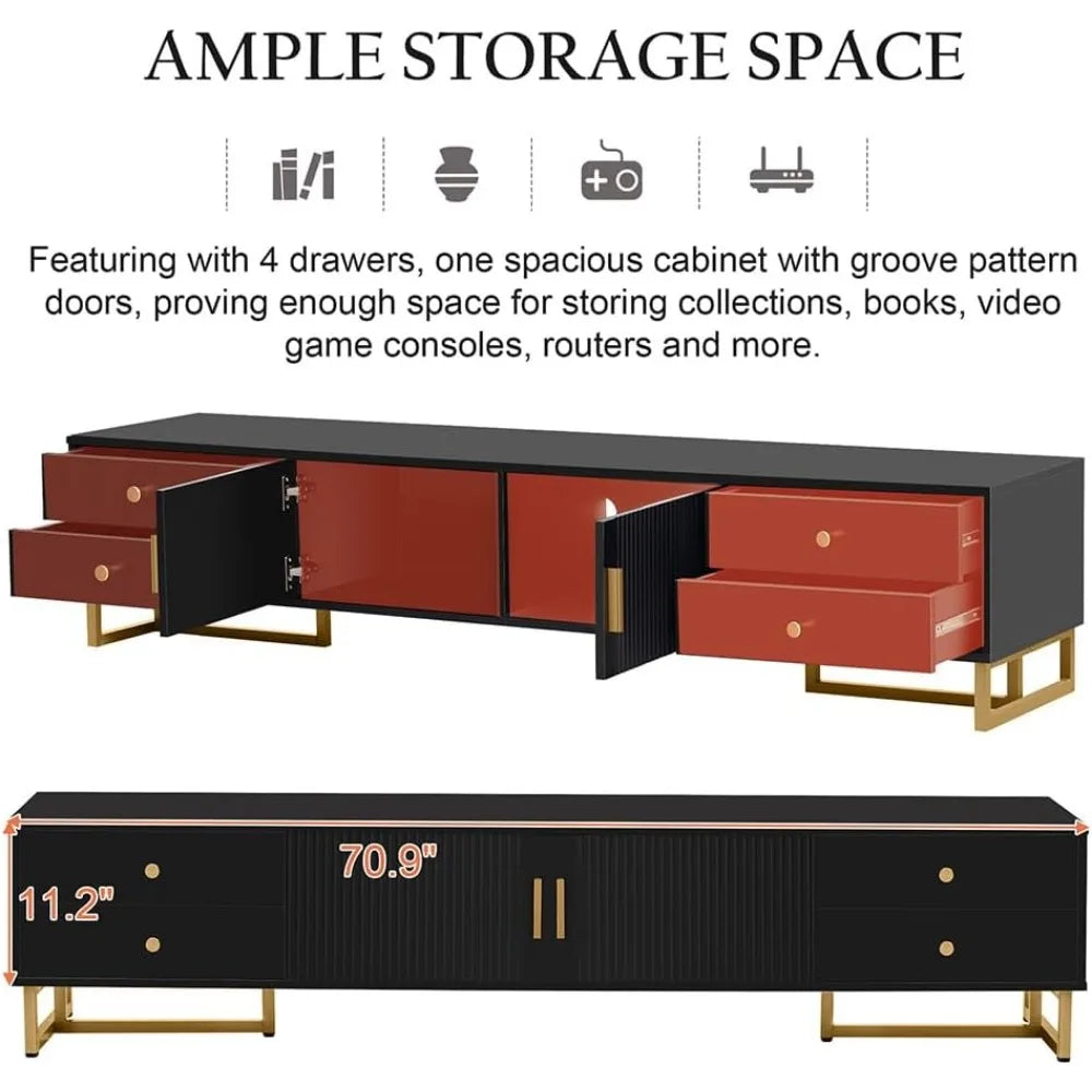 71" Fluted TV Stand, Modern Low Stand for TVs up to 80 Inches, Entertainment Center with Storage and 4 Drawers - Uknowucme