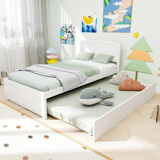 Twin Trundle Bed, Solid Wooden Pull Out Bedframe, Extendable Day Bed with Headboard and Soild Wood Slats Support, Bedroom