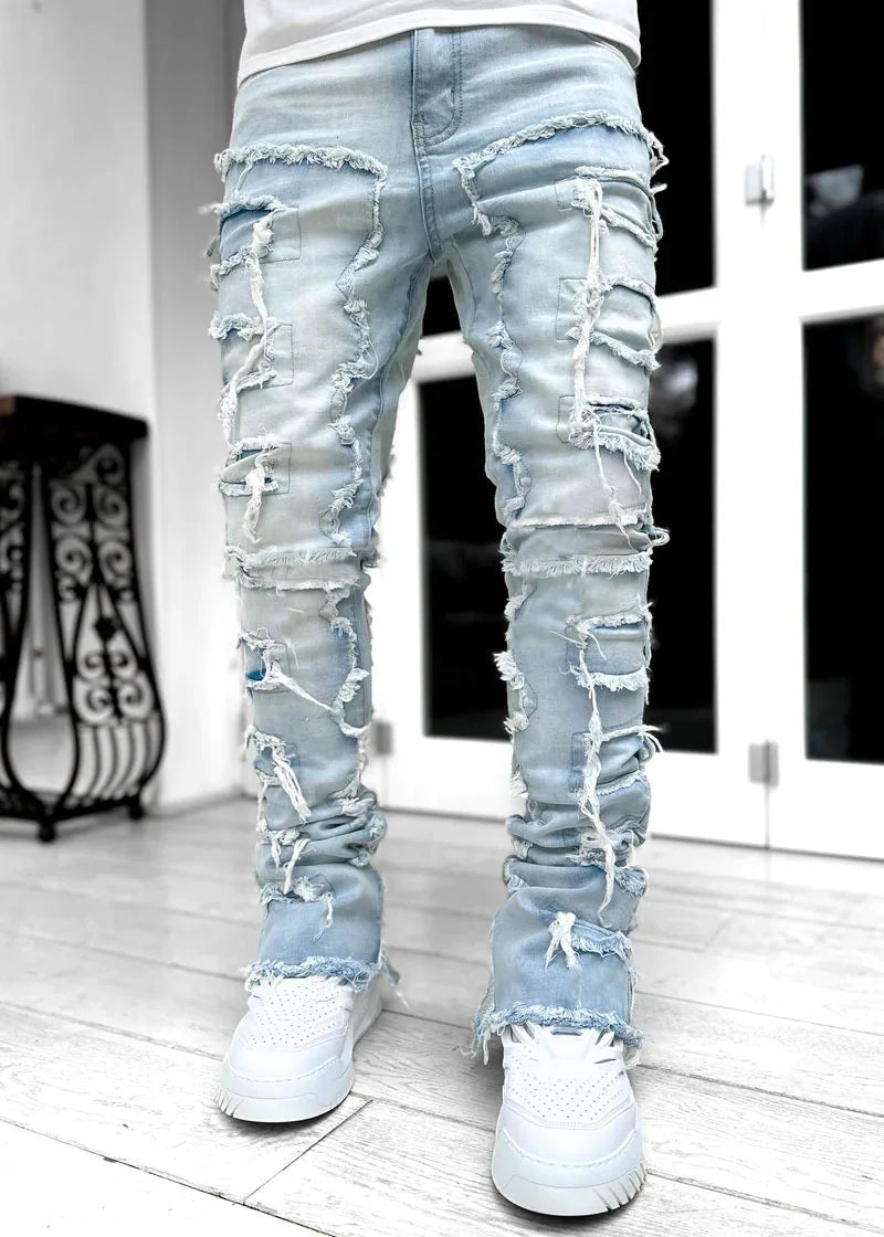 Spliced Distressed Denim Pants Men Jeans Ripped Mid Waist Pockets High Street Jean Skinny Washed Ankle Length Pencil Pants - Uknowucme