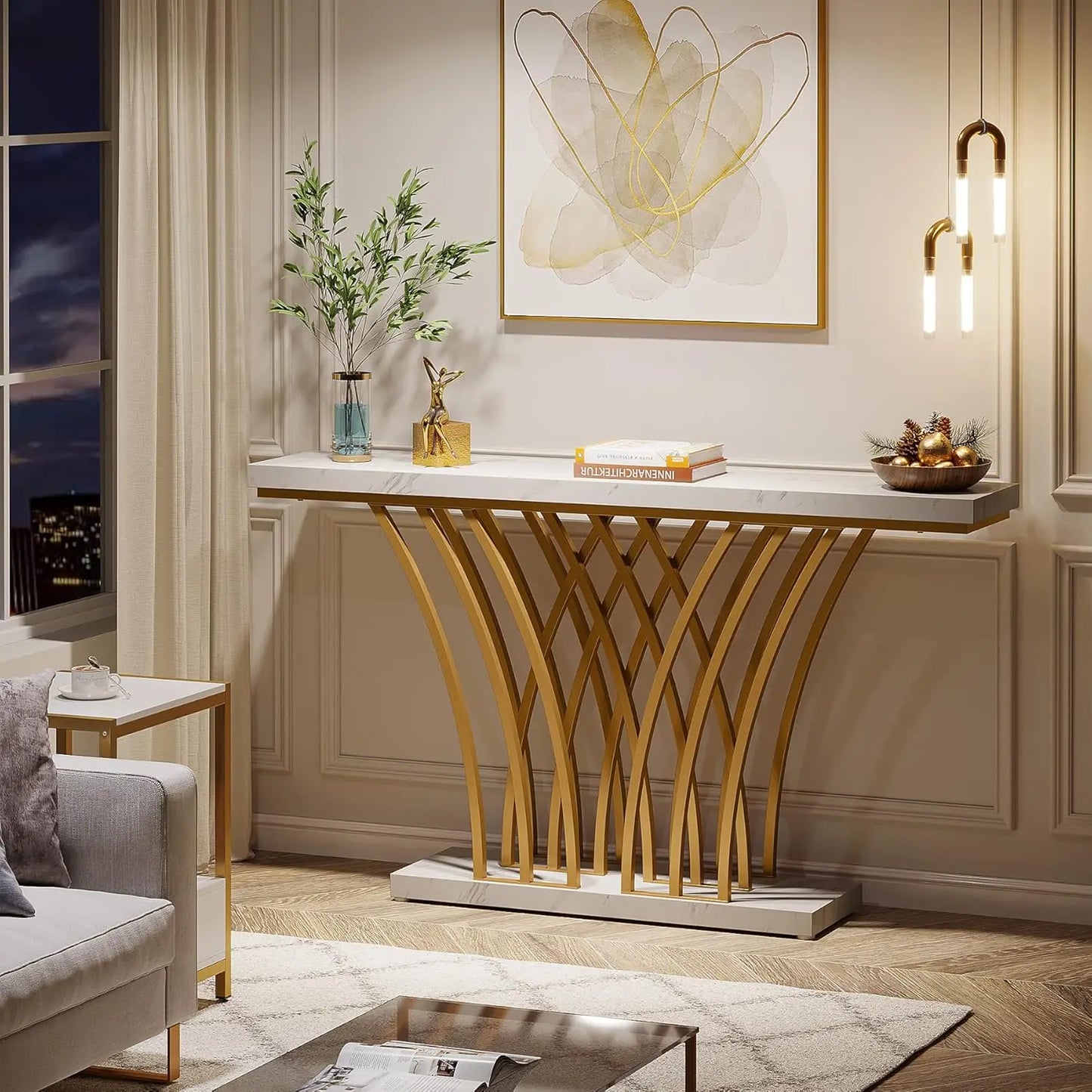 59 inch Gold Console Table, Modern Entryway Table with Grid-Shaped Metal Base for Entrance, Hallway, Entryway, Living Room - Uknowucme